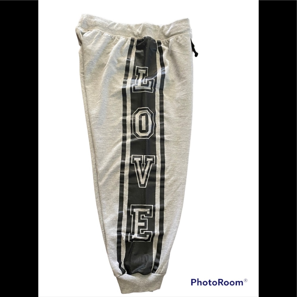 ICOCO LIMON capri sweat pants in gray and black with LOVE on the side leg. NWOT